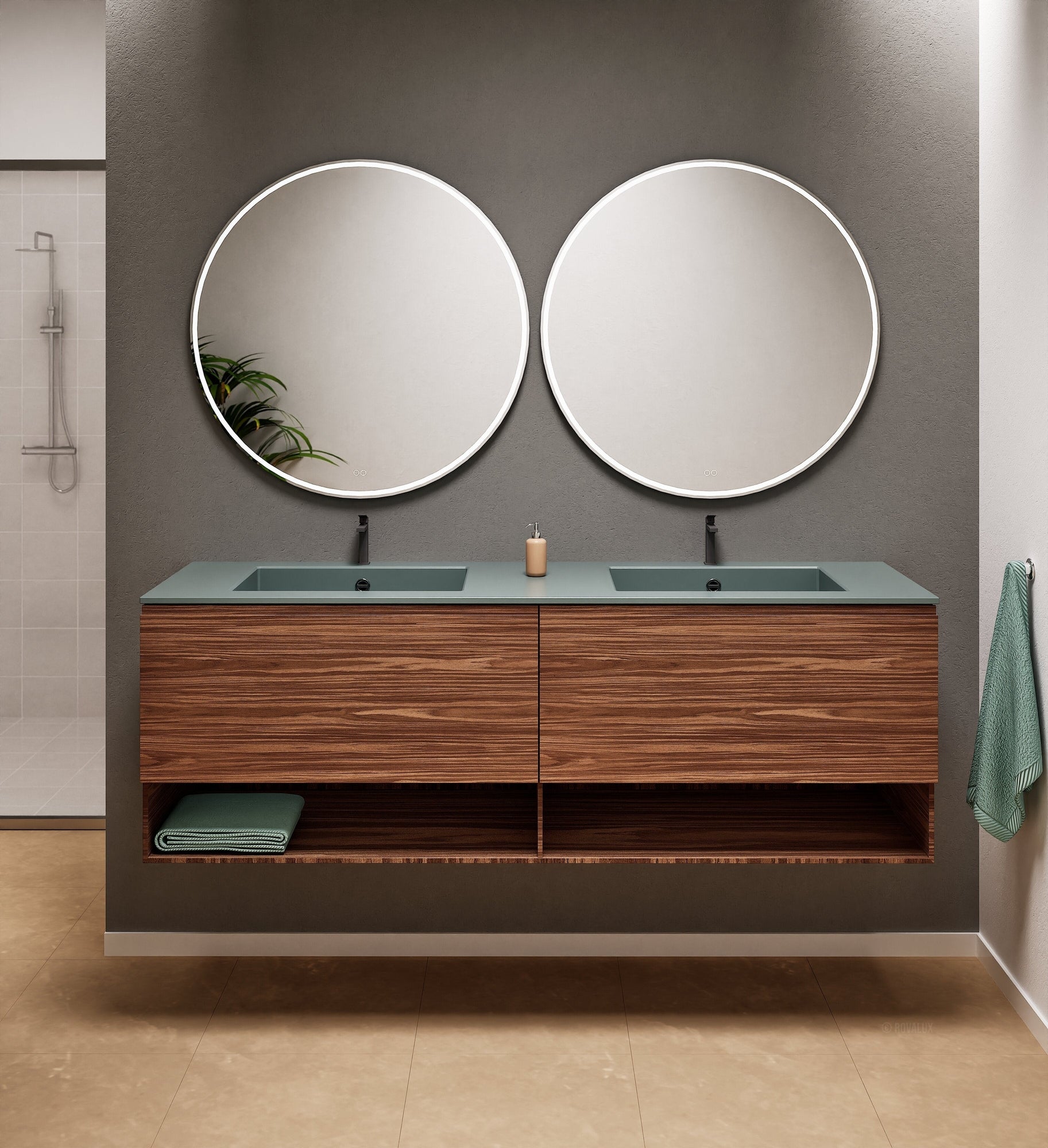 Aurora Double Set – Corian Sinks & Countertop with 2 Drawers Vanity & Bottom Shelves - ROVALUX