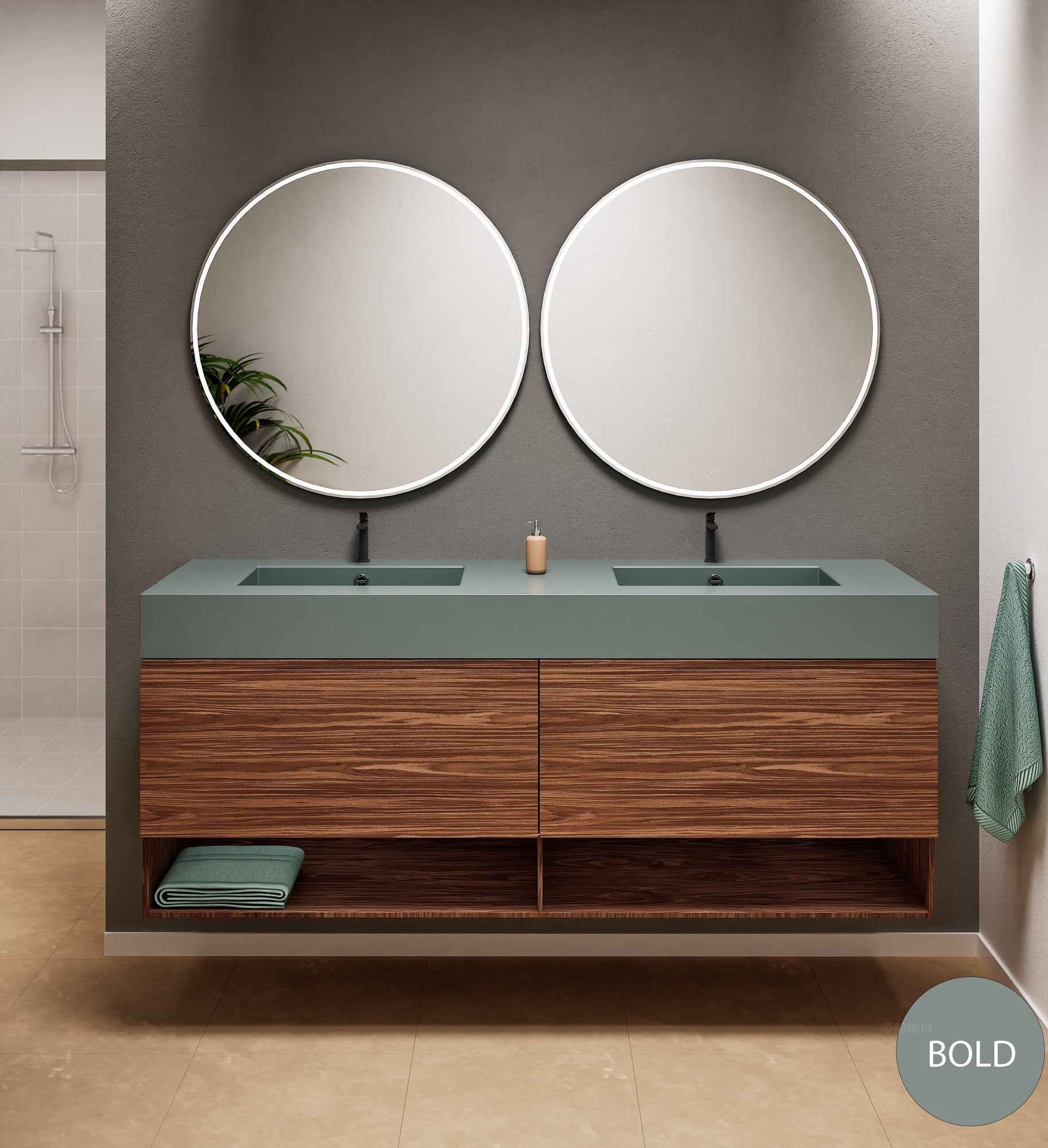 Aurora Double Set – Corian Sinks & Countertop with 2 Drawers Vanity & Bottom Shelves - ROVALUX