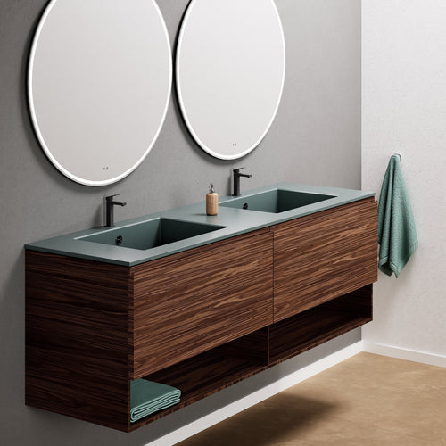 Aurora Double Set – Corian Sinks & Countertop with 2 Drawers Vanity & Bottom Shelves - ROVALUX