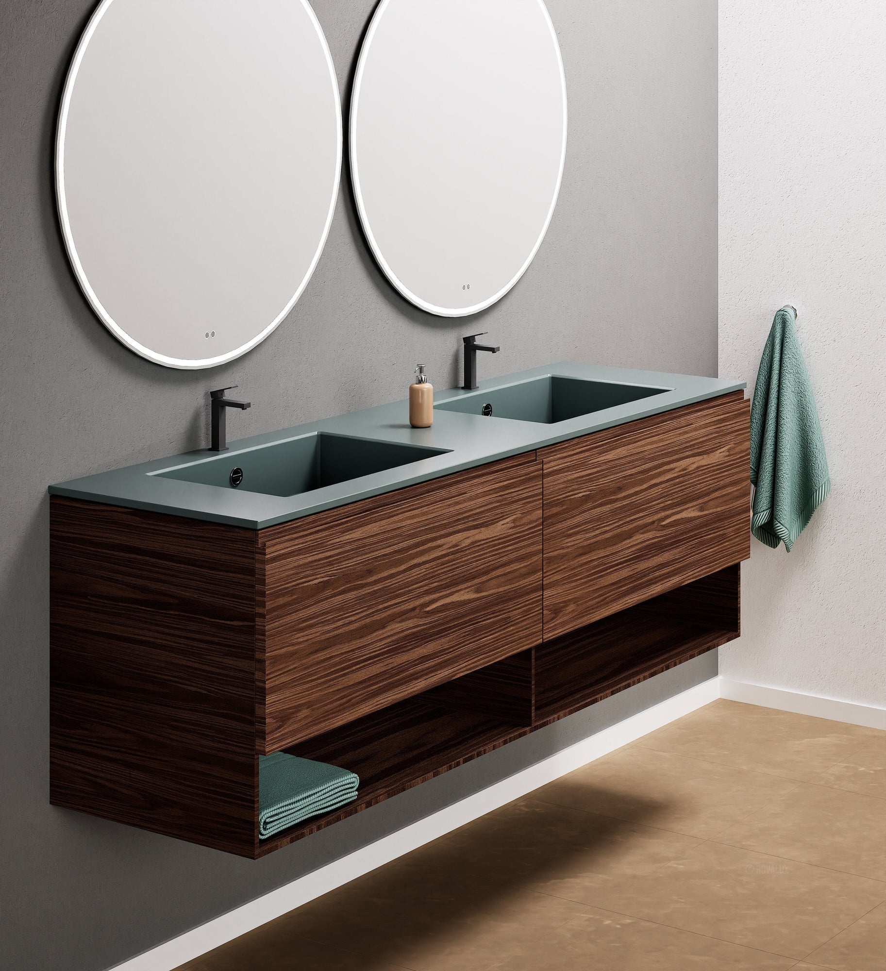 Aurora Double Set – Corian Sinks & Countertop with 2 Drawers Vanity & Bottom Shelves - ROVALUX