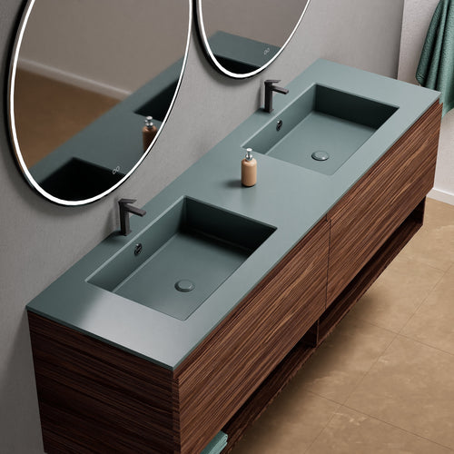 Aurora Double Set – Corian Sinks & Countertop with 2 Drawers Vanity & Bottom Shelves - ROVALUX