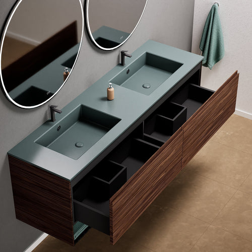 Aurora Double Set – Corian Sinks & Countertop with 2 Drawers Vanity & Bottom Shelves - ROVALUX