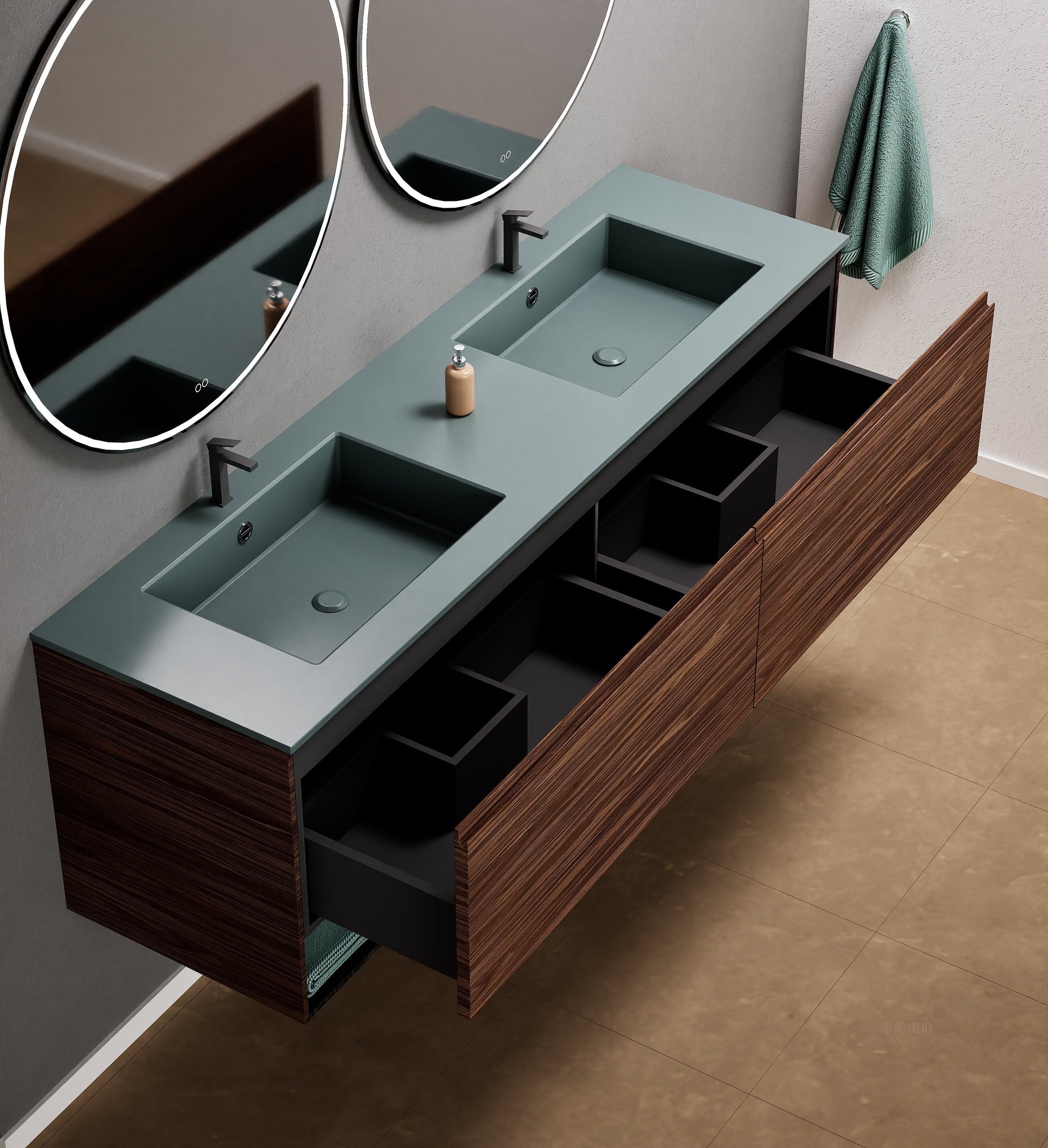 Aurora Double Set – Corian Sinks & Countertop with 2 Drawers Vanity & Bottom Shelves - ROVALUX