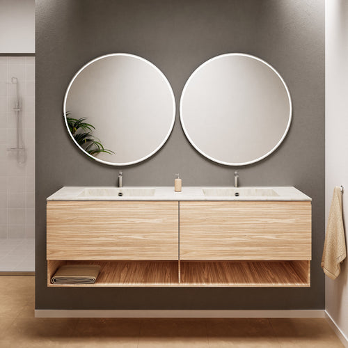 Aurora Double Set – Corian Sinks & Countertop with 2 Drawers Vanity & Bottom Shelves - ROVALUX