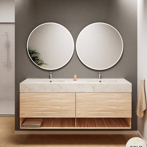 Aurora Double Set – Corian Sinks & Countertop with 2 Drawers Vanity & Bottom Shelves - ROVALUX