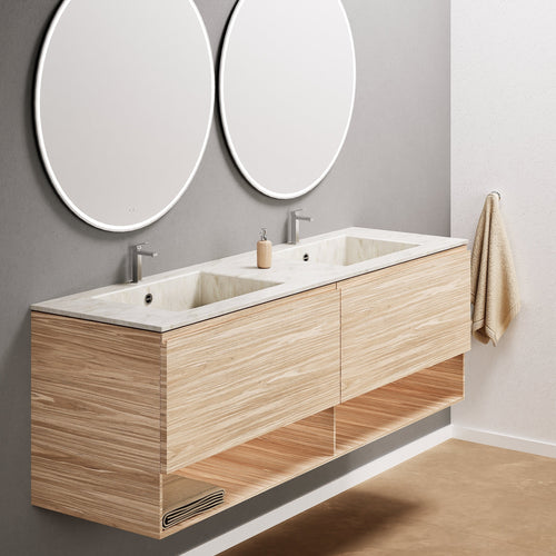Aurora Double Set – Corian Sinks & Countertop with 2 Drawers Vanity & Bottom Shelves - ROVALUX