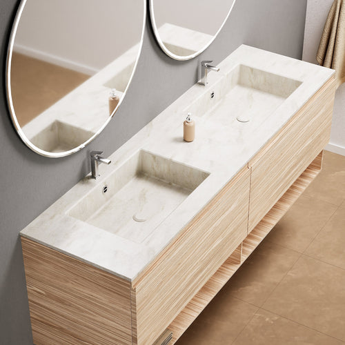 Aurora Double Set – Corian Sinks & Countertop with 2 Drawers Vanity & Bottom Shelves - ROVALUX
