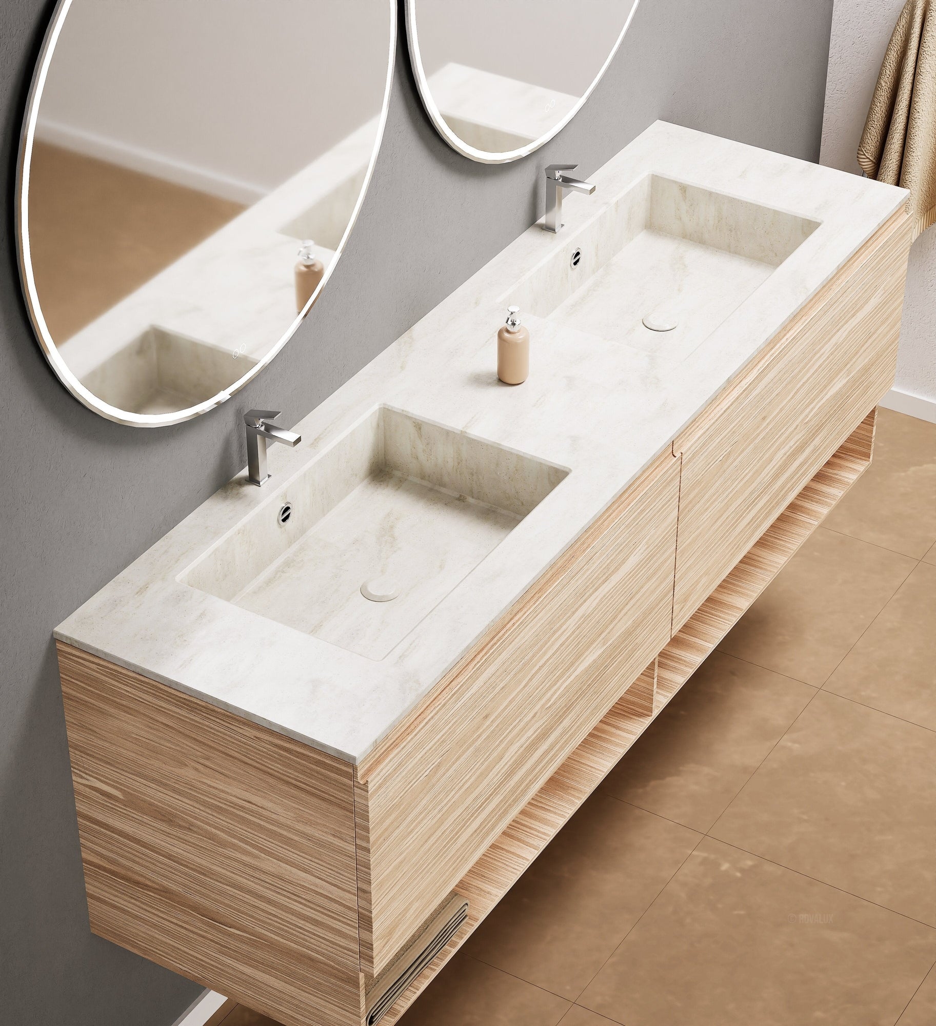 Aurora Double Set – Corian Sinks & Countertop with 2 Drawers Vanity & Bottom Shelves - ROVALUX
