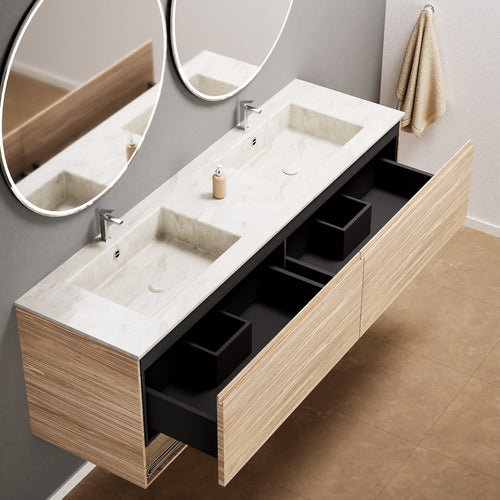 Aurora Double Set – Corian Sinks & Countertop with 2 Drawers Vanity & Bottom Shelves - ROVALUX