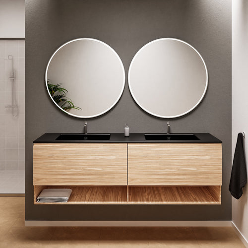 Aurora Double Set – Corian Sinks & Countertop with 2 Drawers Vanity & Bottom Shelves - ROVALUX