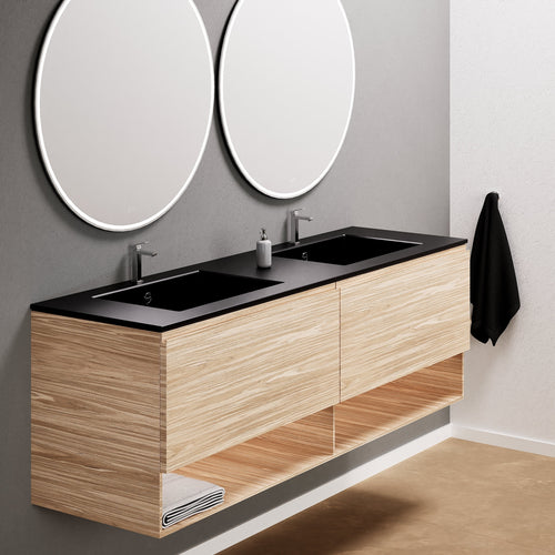 Aurora Double Set – Corian Sinks & Countertop with 2 Drawers Vanity & Bottom Shelves - ROVALUX
