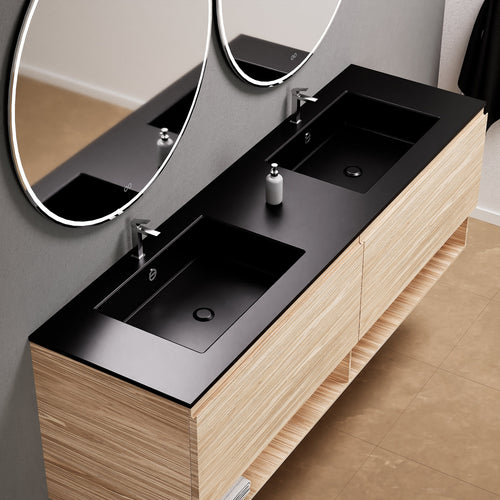 Aurora Double Set – Corian Sinks & Countertop with 2 Drawers Vanity & Bottom Shelves - ROVALUX