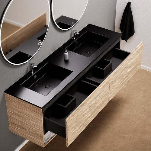 Aurora Double Set – Corian Sinks & Countertop with 2 Drawers Vanity & Bottom Shelves - ROVALUX