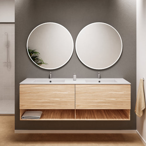 Aurora Double Set – Corian Sinks & Countertop with 2 Drawers Vanity & Bottom Shelves - ROVALUX