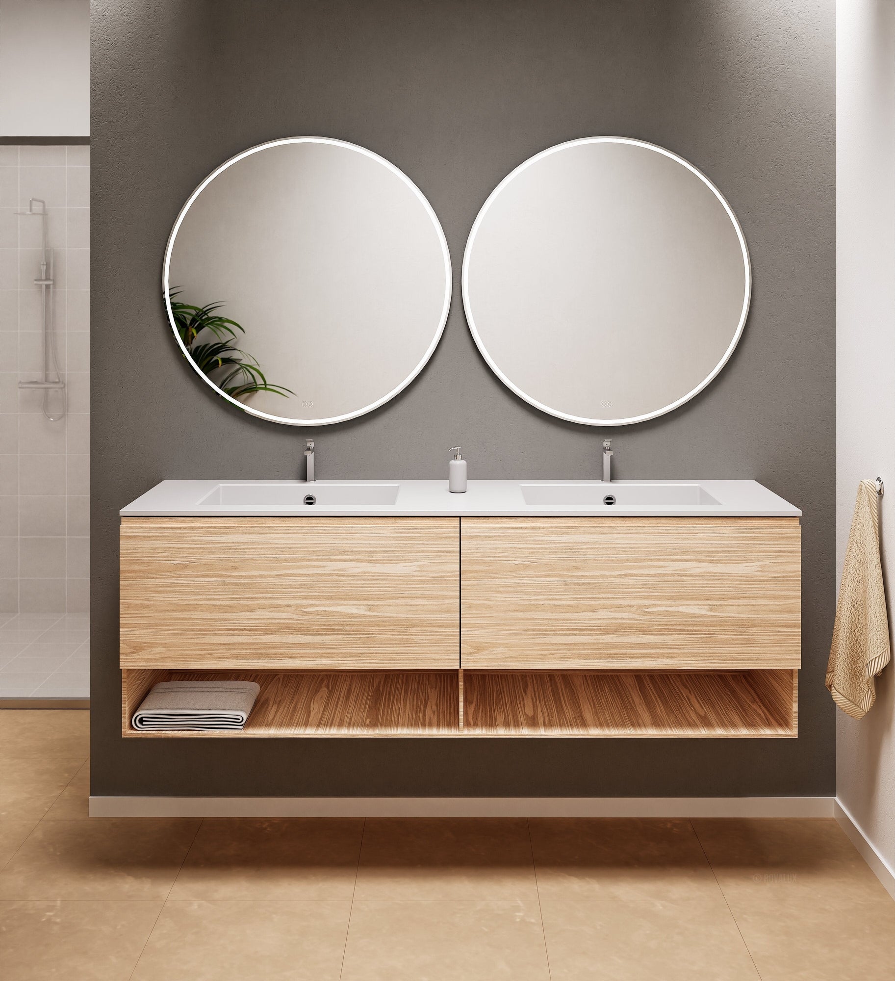 Aurora Double Set – Corian Sinks & Countertop with 2 Drawers Vanity & Bottom Shelves - ROVALUX