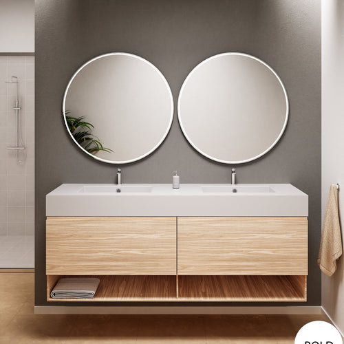 Aurora Double Set – Corian Sinks & Countertop with 2 Drawers Vanity & Bottom Shelves - ROVALUX