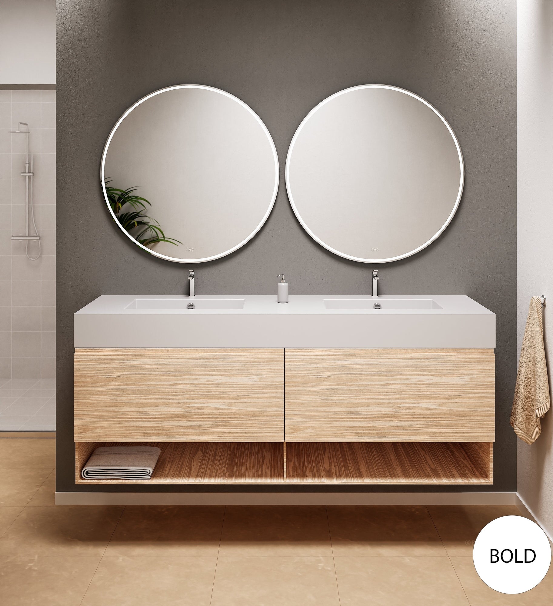 Aurora Double Set – Corian Sinks & Countertop with 2 Drawers Vanity & Bottom Shelves - ROVALUX