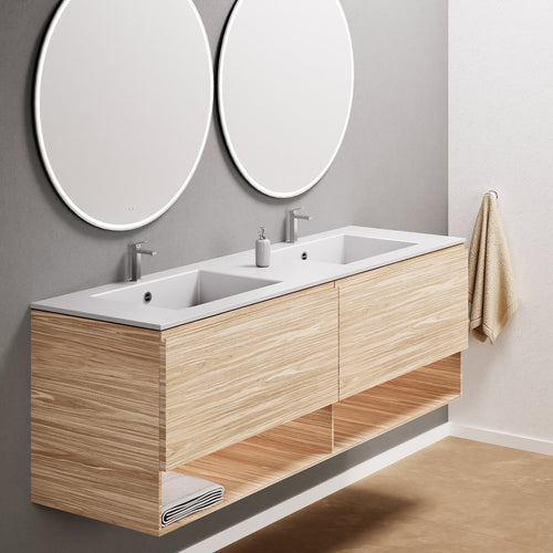 Aurora Double Set – Corian Sinks & Countertop with 2 Drawers Vanity & Bottom Shelves - ROVALUX