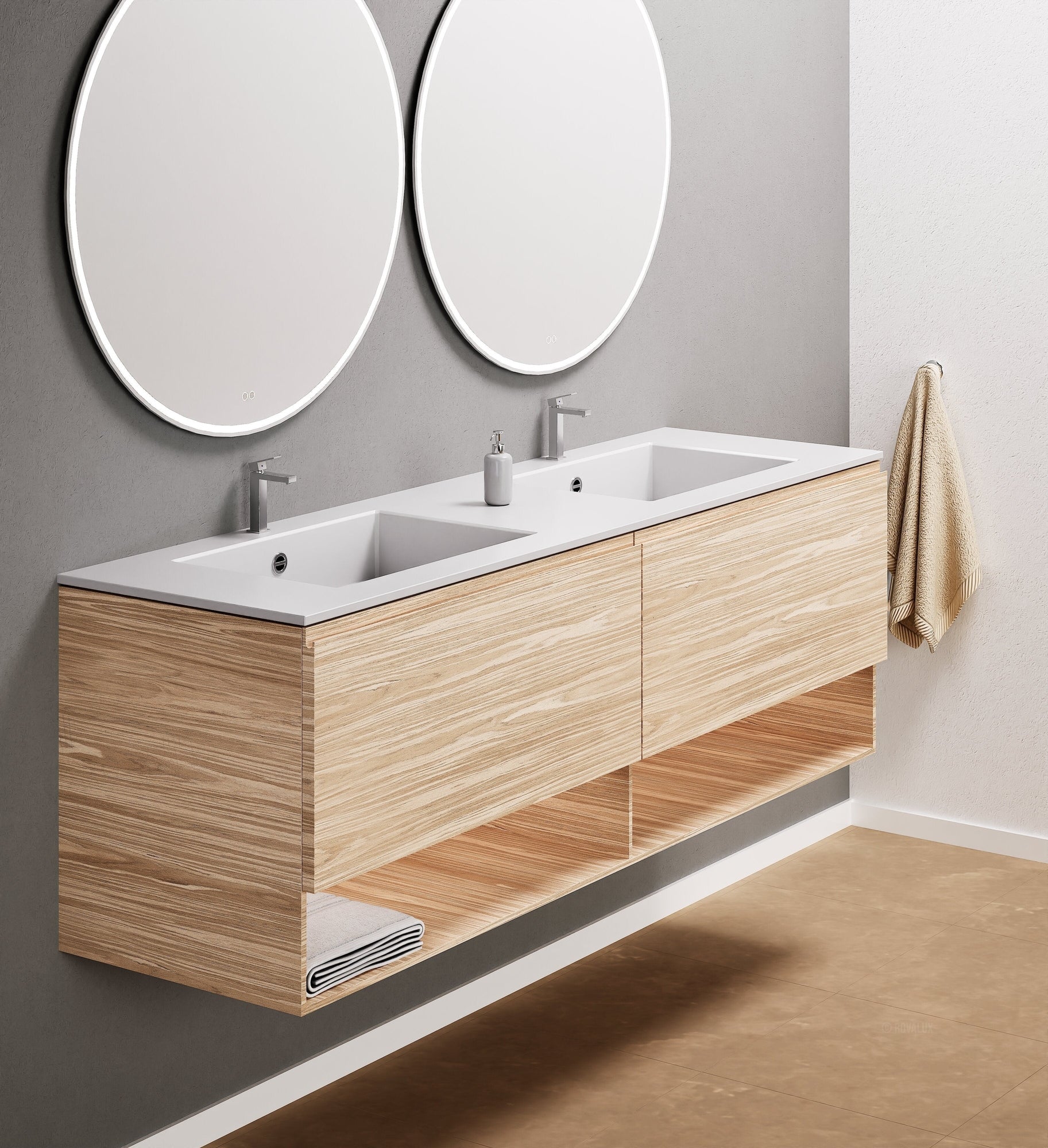 Aurora Double Set – Corian Sinks & Countertop with 2 Drawers Vanity & Bottom Shelves - ROVALUX
