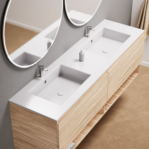Aurora Double Set – Corian Sinks & Countertop with 2 Drawers Vanity & Bottom Shelves - ROVALUX