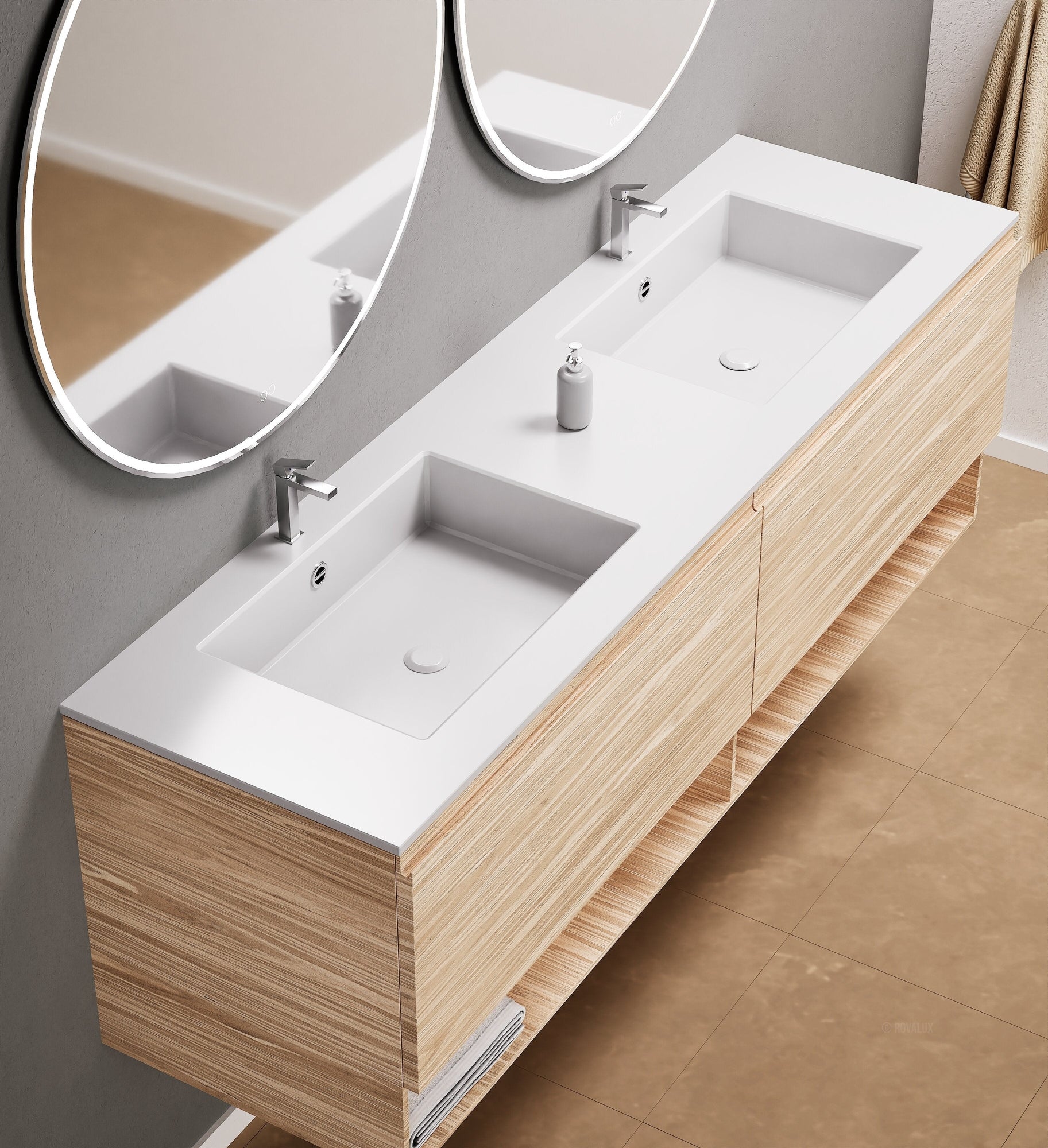 Aurora Double Set – Corian Sinks & Countertop with 2 Drawers Vanity & Bottom Shelves - ROVALUX