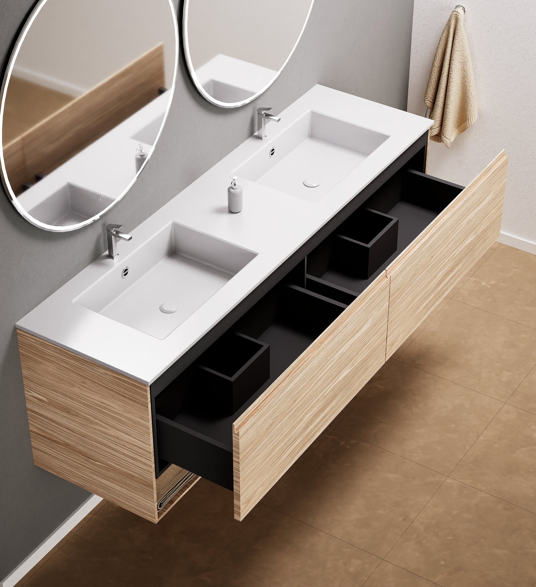 Aurora Double Set – Corian Sinks & Countertop with 2 Drawers Vanity & Bottom Shelves - ROVALUX