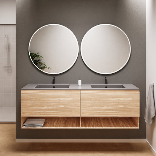 Aurora Double Set – Corian Sinks & Countertop with 2 Drawers Vanity & Bottom Shelves - ROVALUX
