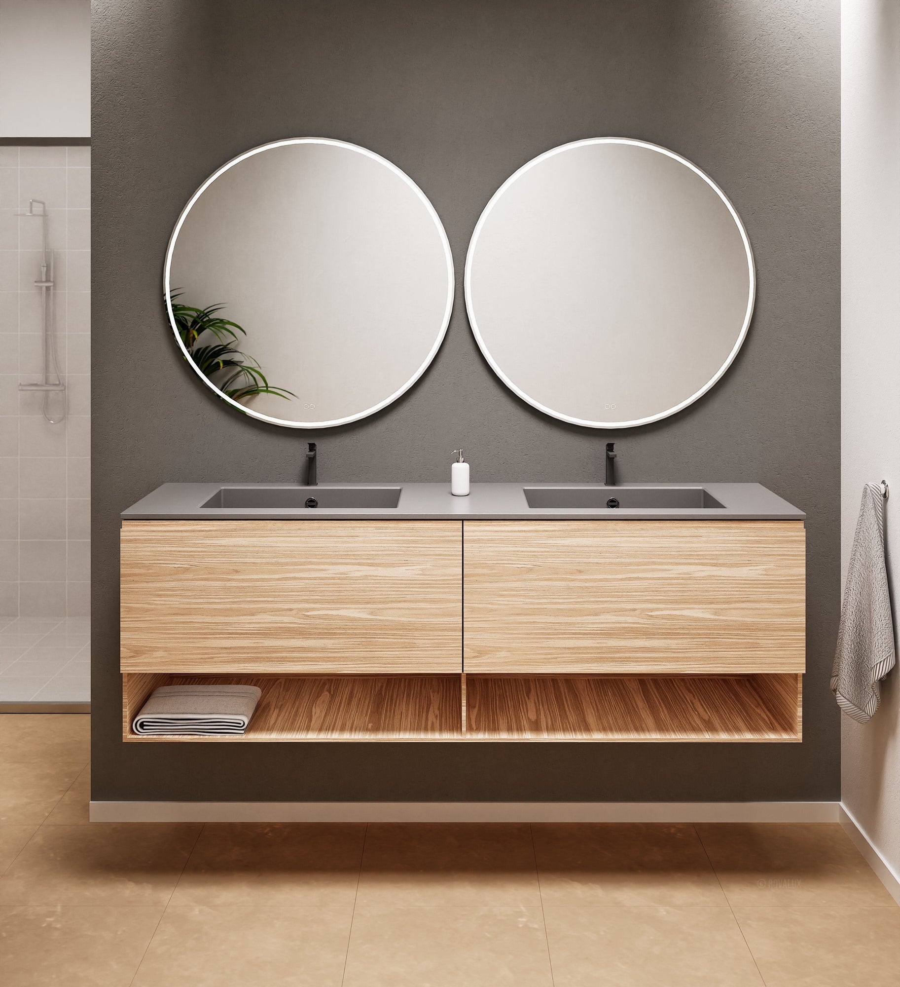 Aurora Double Set – Corian Sinks & Countertop with 2 Drawers Vanity & Bottom Shelves - ROVALUX