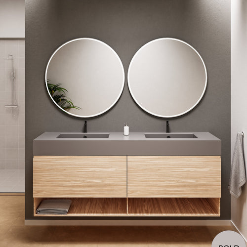 Aurora Double Set – Corian Sinks & Countertop with 2 Drawers Vanity & Bottom Shelves - ROVALUX