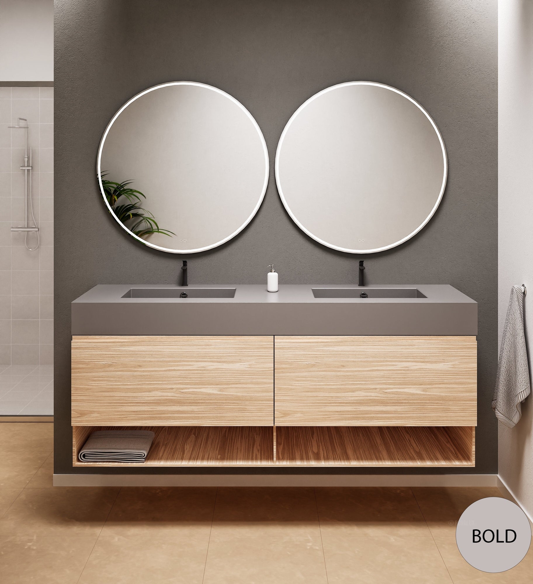 Aurora Double Set – Corian Sinks & Countertop with 2 Drawers Vanity & Bottom Shelves - ROVALUX