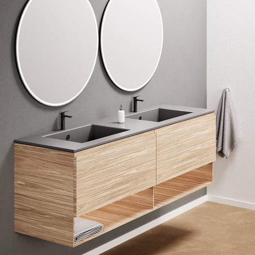 Aurora Double Set – Corian Sinks & Countertop with 2 Drawers Vanity & Bottom Shelves - ROVALUX