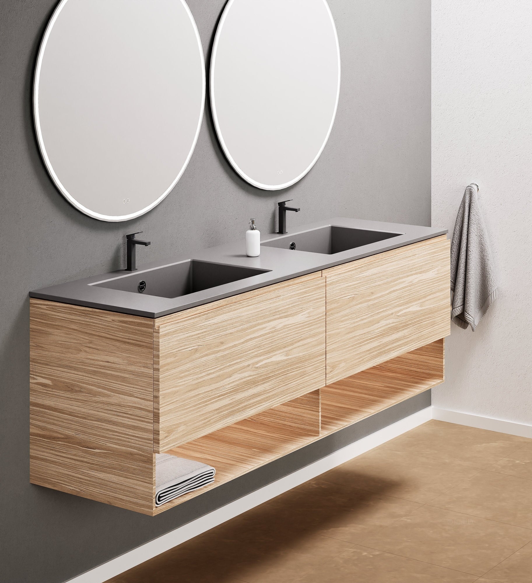 Aurora Double Set – Corian Sinks & Countertop with 2 Drawers Vanity & Bottom Shelves - ROVALUX