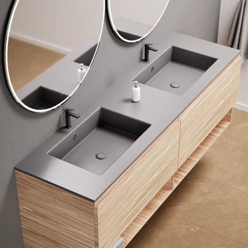 Aurora Double Set – Corian Sinks & Countertop with 2 Drawers Vanity & Bottom Shelves - ROVALUX