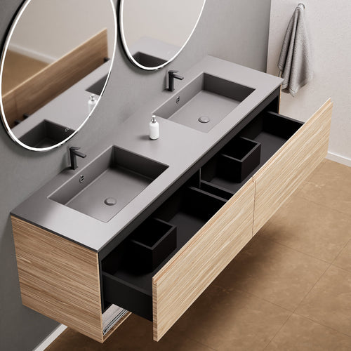 Aurora Double Set – Corian Sinks & Countertop with 2 Drawers Vanity & Bottom Shelves - ROVALUX