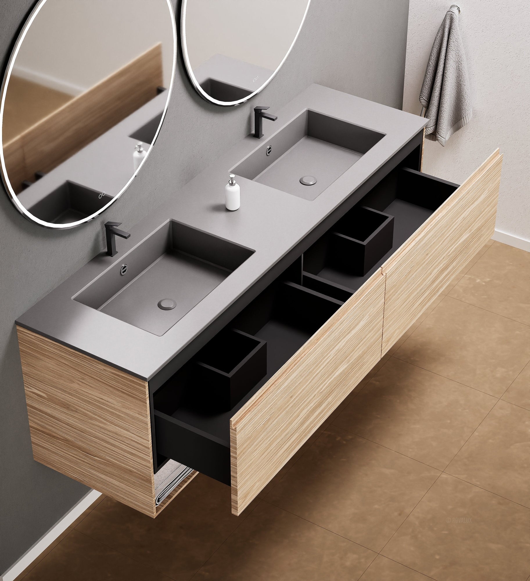 Aurora Double Set – Corian Sinks & Countertop with 2 Drawers Vanity & Bottom Shelves - ROVALUX
