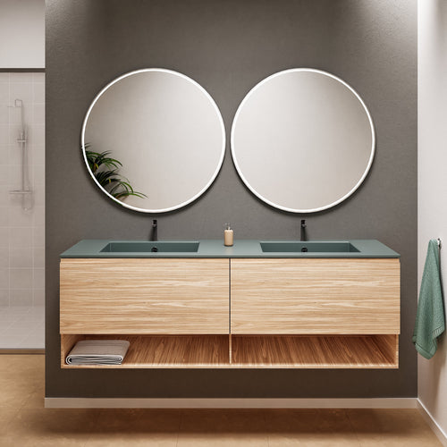 Aurora Double Set – Corian Sinks & Countertop with 2 Drawers Vanity & Bottom Shelves - ROVALUX