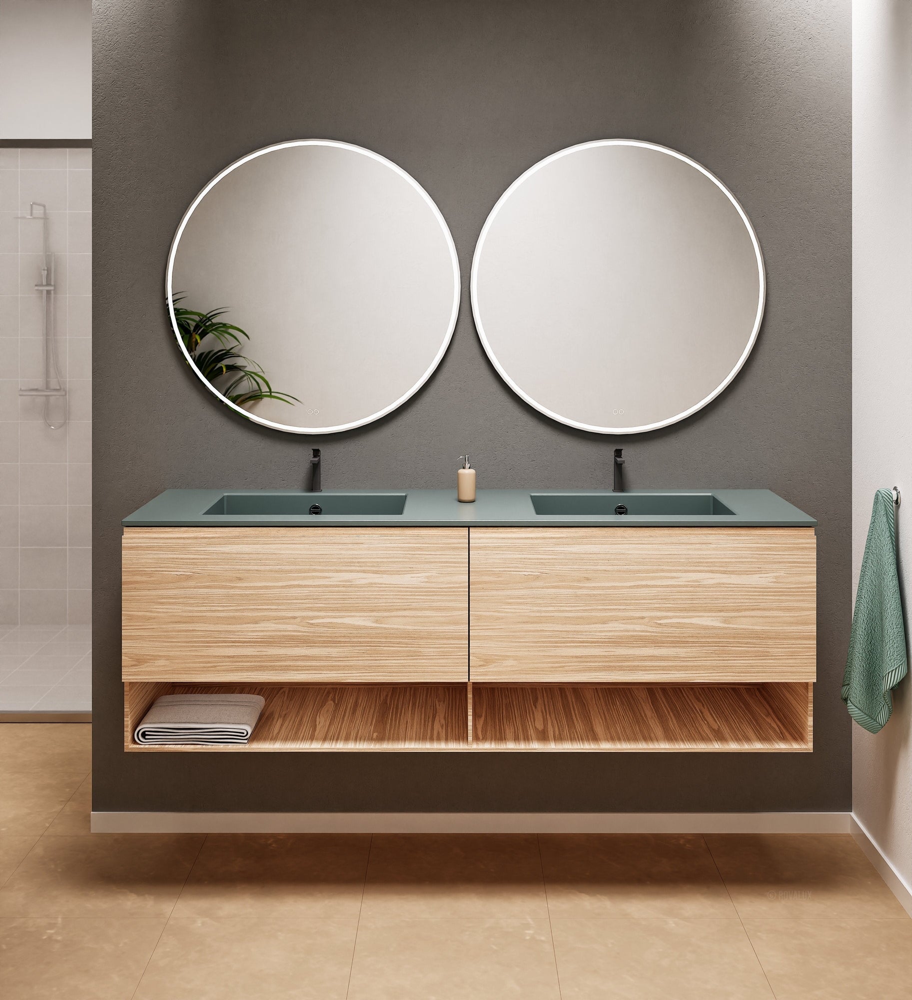 Aurora Double Set – Corian Sinks & Countertop with 2 Drawers Vanity & Bottom Shelves - ROVALUX