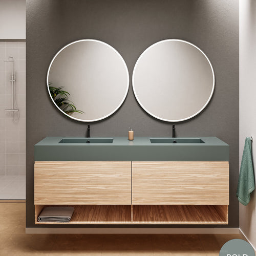 Aurora Double Set – Corian Sinks & Countertop with 2 Drawers Vanity & Bottom Shelves - ROVALUX