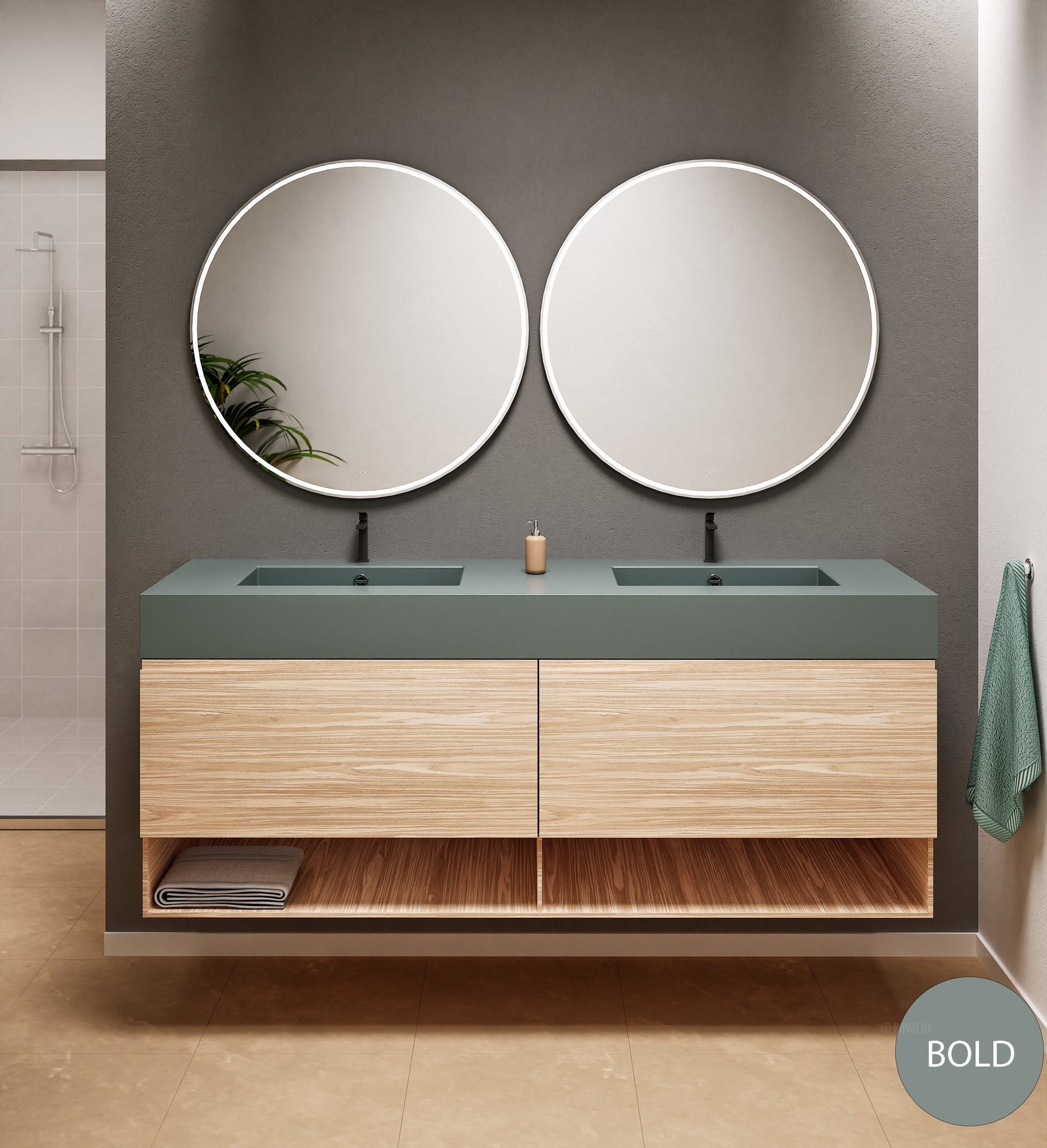 Aurora Double Set – Corian Sinks & Countertop with 2 Drawers Vanity & Bottom Shelves - ROVALUX