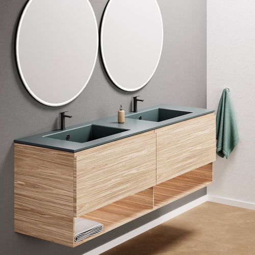 Aurora Double Set – Corian Sinks & Countertop with 2 Drawers Vanity & Bottom Shelves - ROVALUX
