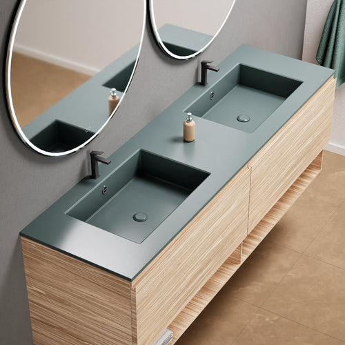 Aurora Double Set – Corian Sinks & Countertop with 2 Drawers Vanity & Bottom Shelves - ROVALUX