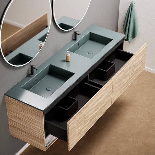 Aurora Double Set – Corian Sinks & Countertop with 2 Drawers Vanity & Bottom Shelves - ROVALUX