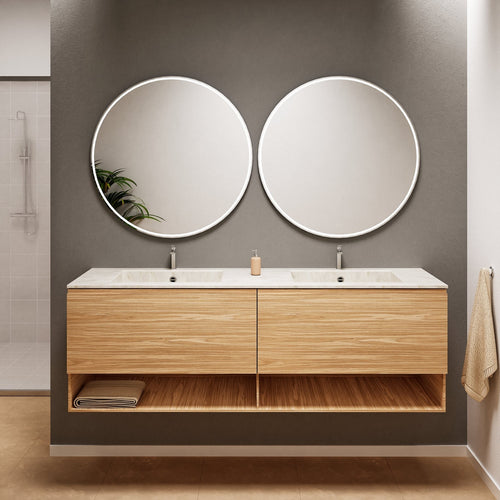 Aurora Double Set – Corian Sinks & Countertop with 2 Drawers Vanity & Bottom Shelves - ROVALUX