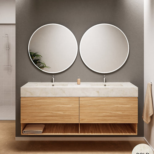 Aurora Double Set – Corian Sinks & Countertop with 2 Drawers Vanity & Bottom Shelves - ROVALUX