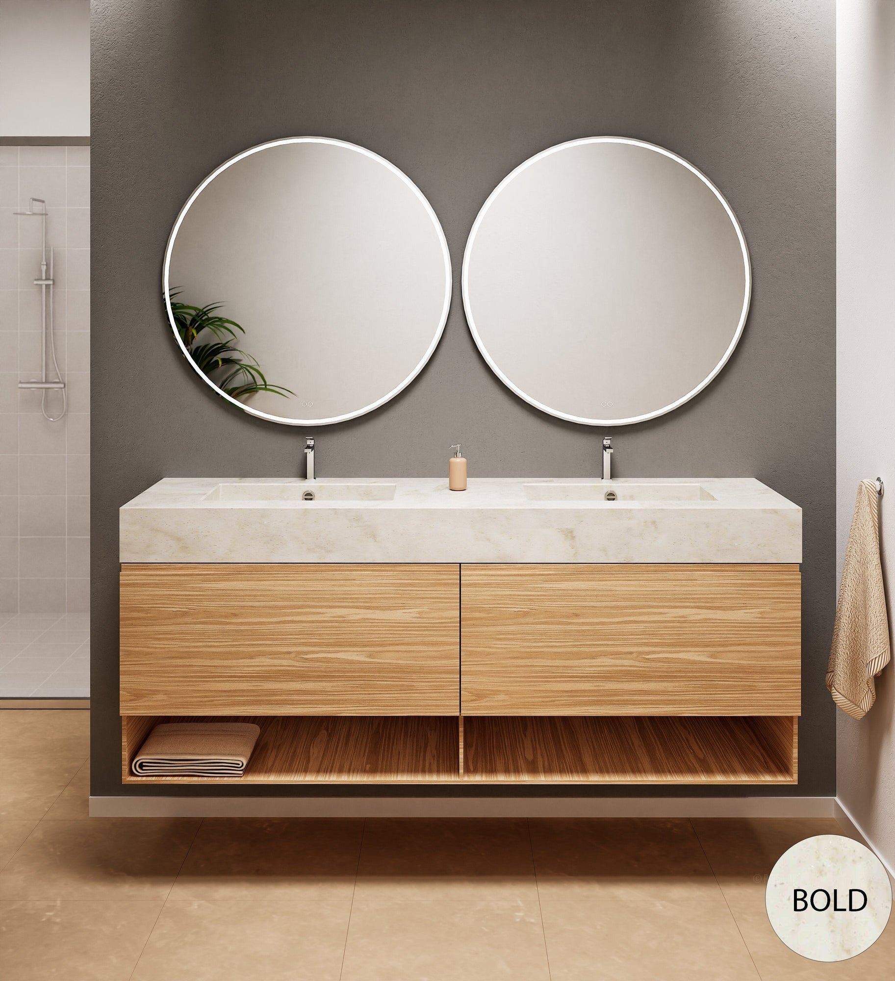 Aurora Double Set – Corian Sinks & Countertop with 2 Drawers Vanity & Bottom Shelves - ROVALUX