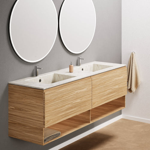 Aurora Double Set – Corian Sinks & Countertop with 2 Drawers Vanity & Bottom Shelves - ROVALUX