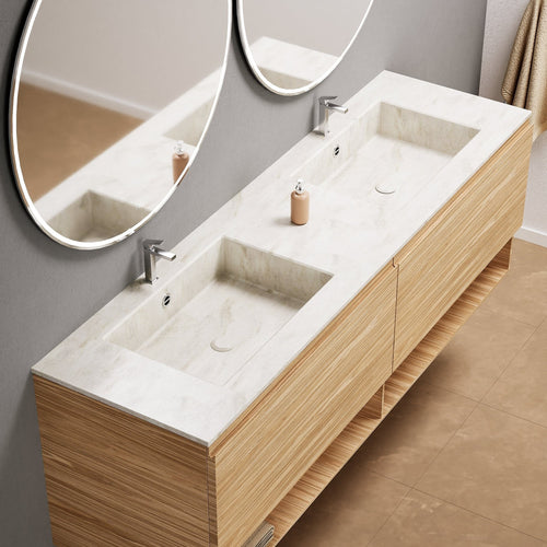 Aurora Double Set – Corian Sinks & Countertop with 2 Drawers Vanity & Bottom Shelves - ROVALUX