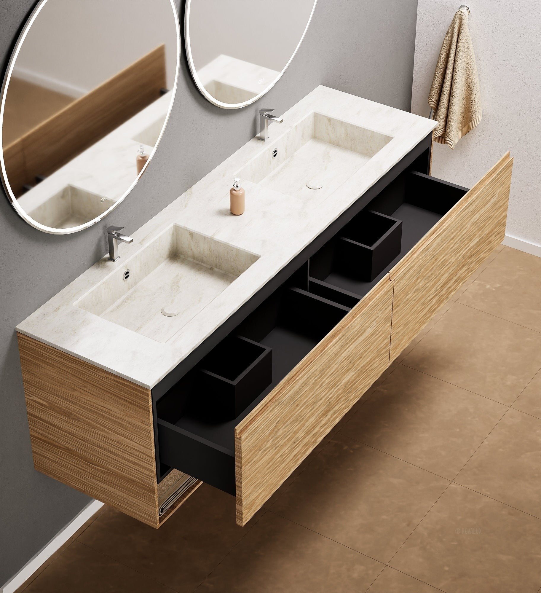 Aurora Double Set – Corian Sinks & Countertop with 2 Drawers Vanity & Bottom Shelves - ROVALUX