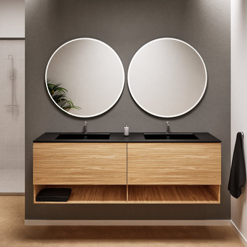 Aurora Double Set – Corian Sinks & Countertop with 2 Drawers Vanity & Bottom Shelves - ROVALUX