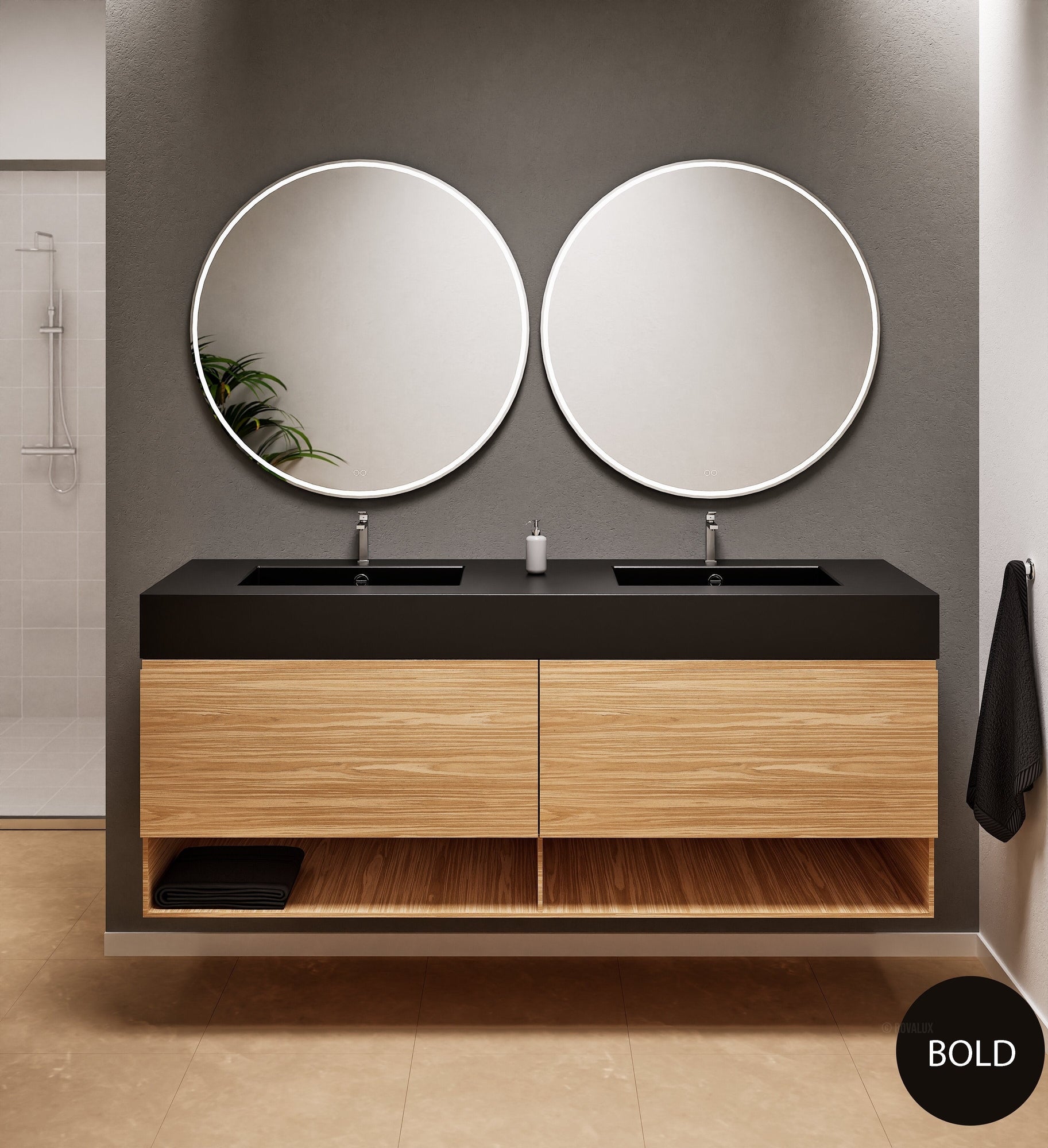 Aurora Double Set – Corian Sinks & Countertop with 2 Drawers Vanity & Bottom Shelves - ROVALUX